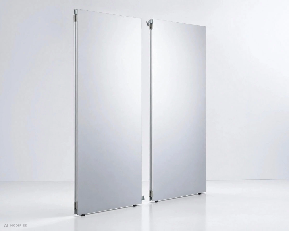 Two free-standing Mila-wall modules with aluminium frames, connectors and support feet