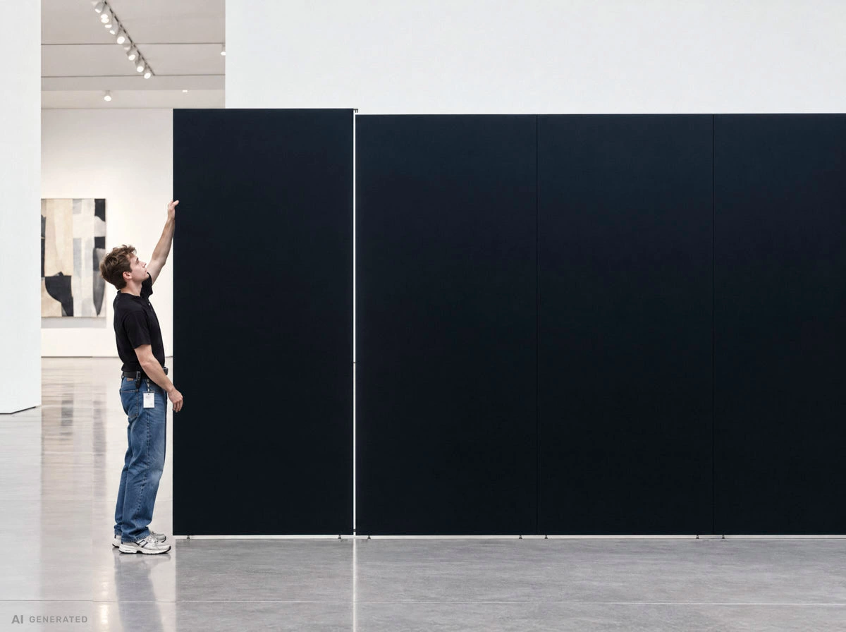 A staff member places a black wall module next to a row of standing modules in an exhibition hall