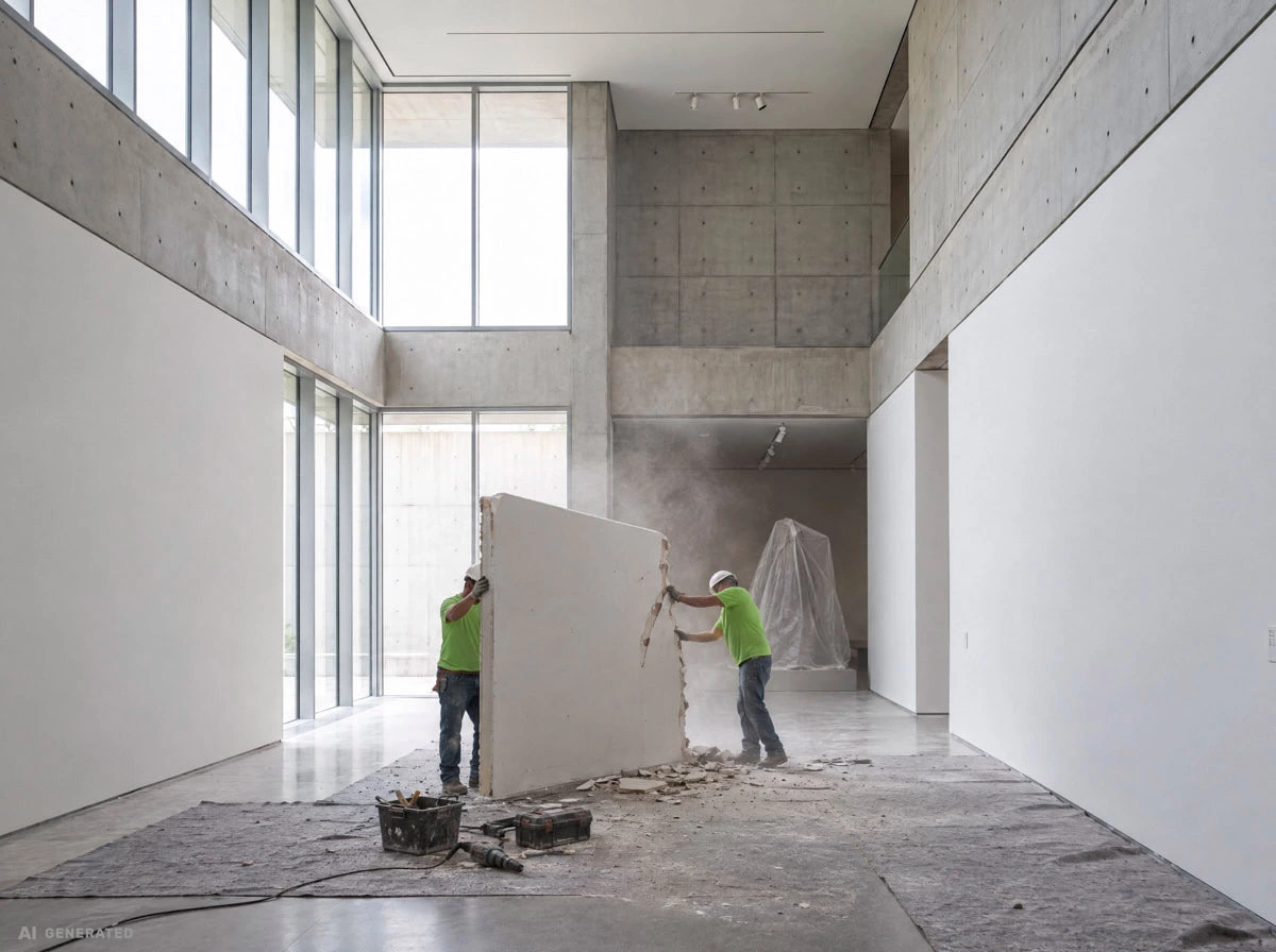 Two workers tear down a built wall in an exhibition hall; dust rises, a sculpture and the floor are covered