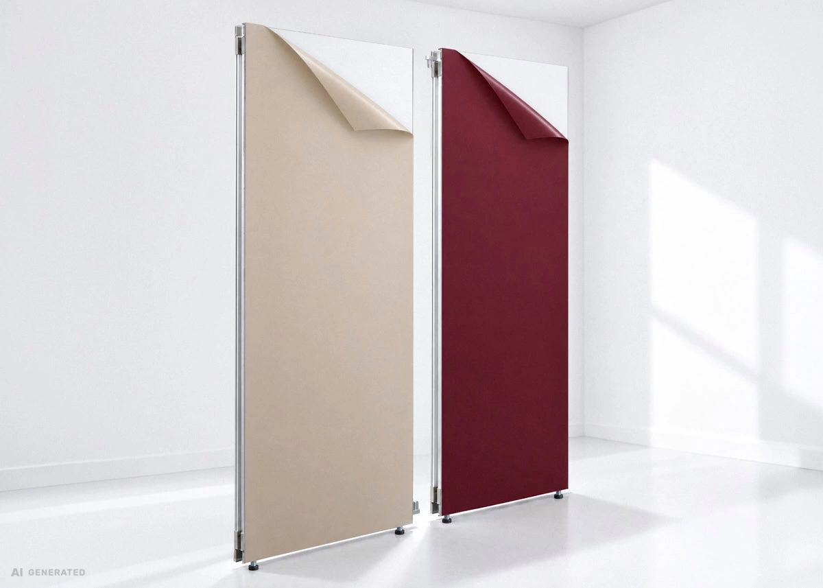 Two Mila-wall modules, one foiled in beige and one in wine red; at the top corner of each, the foil has been partly peeled back