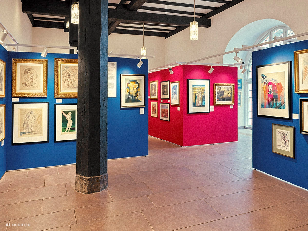 Dalí exhibition at the Brothers Grimm House Steinau: framed prints on blue- and red-foiled Mila-wall walls